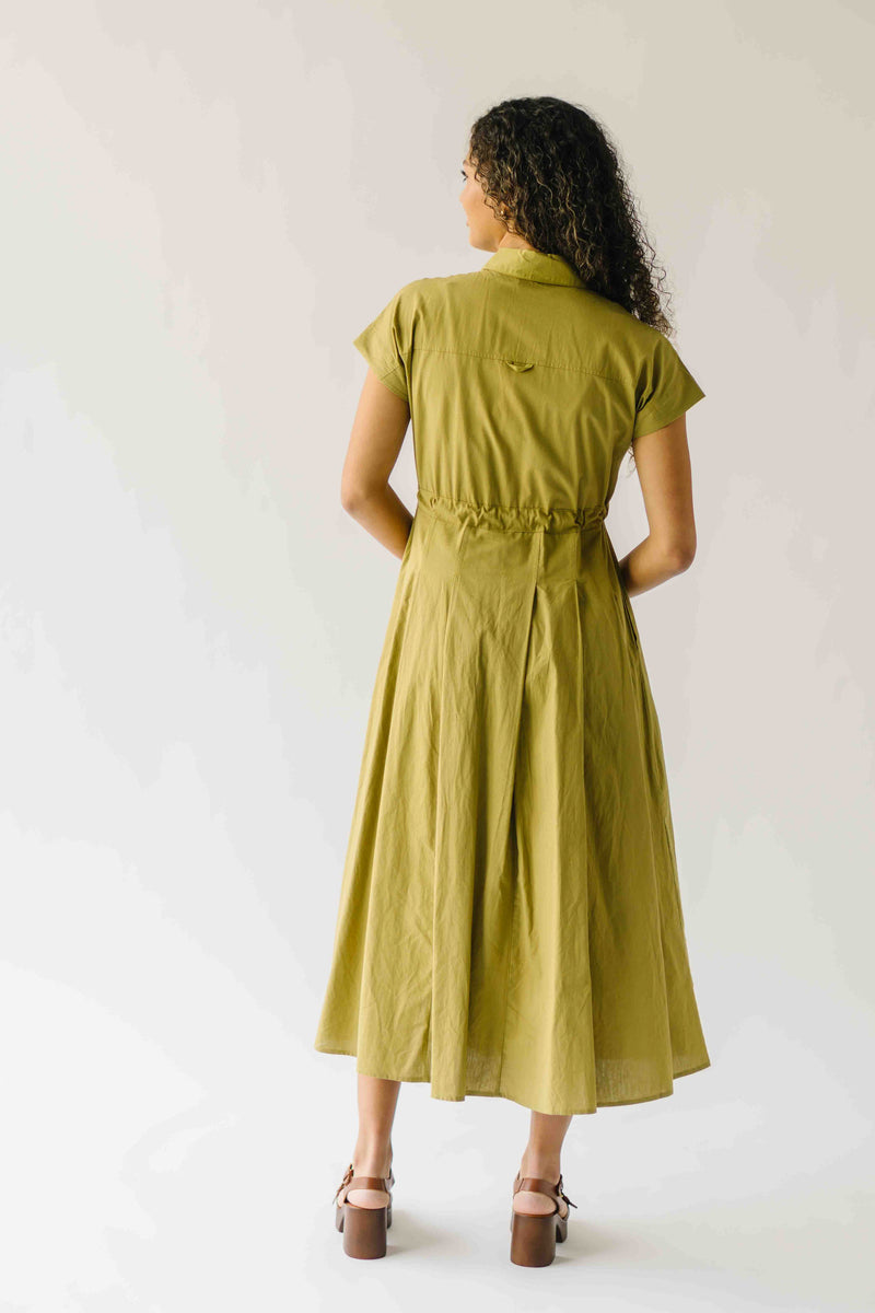 The Simpkins Button-Up Midi Dress in Olive Palm