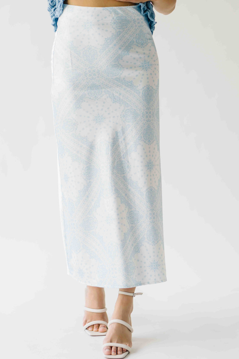 The Jennika Bandana Print Satin Skirt in Light Blue