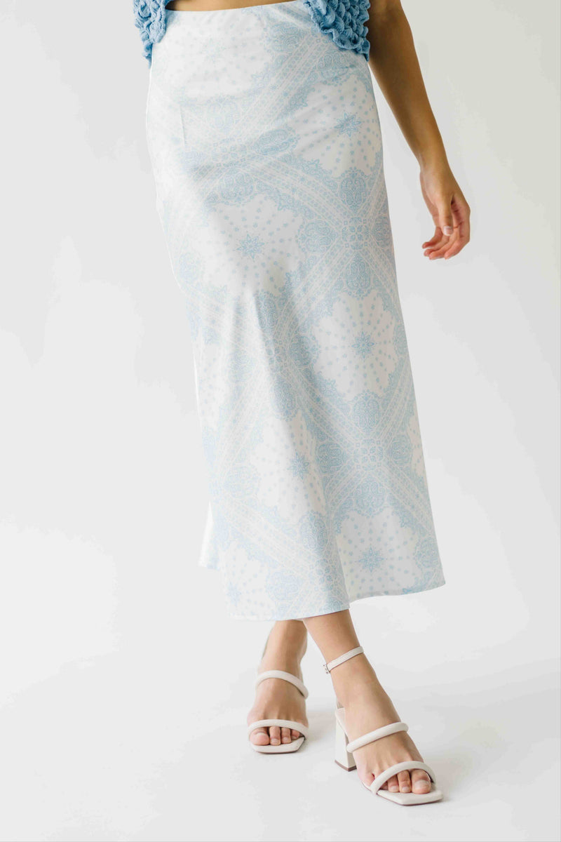 The Jennika Bandana Print Satin Skirt in Light Blue