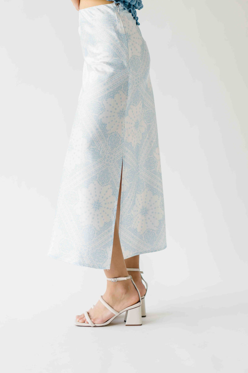 The Jennika Bandana Print Satin Skirt in Light Blue