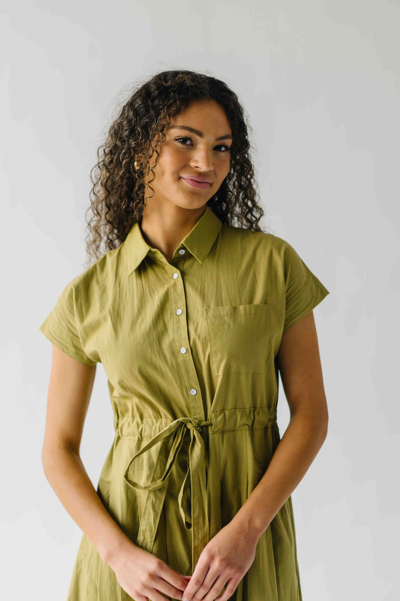 The Simpkins Button-Up Midi Dress in Olive Palm