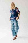 The Jenks Embroidered Front Tie Blouse in Navy