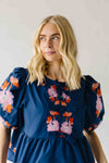 The Jenks Embroidered Front Tie Blouse in Navy