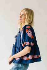 The Jenks Embroidered Front Tie Blouse in Navy