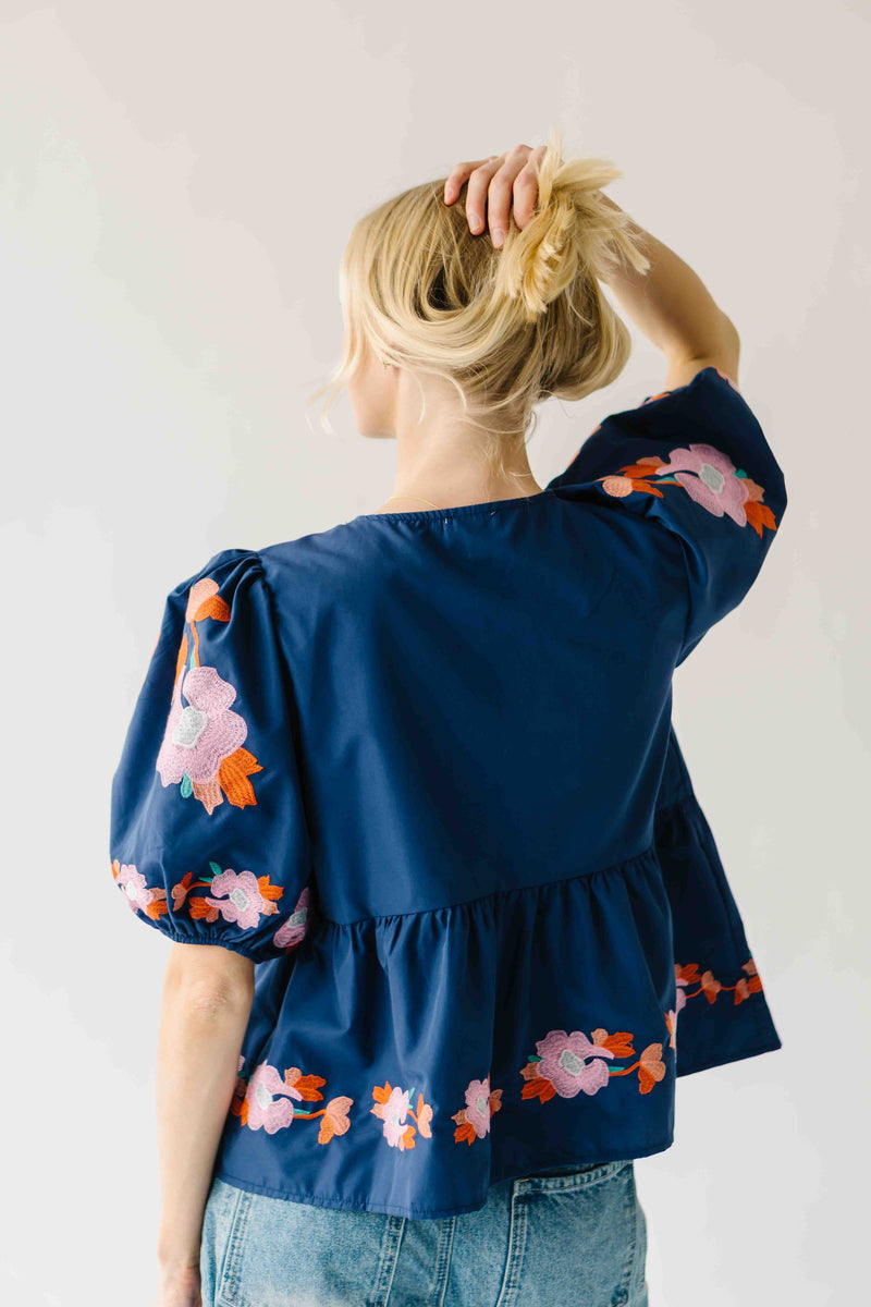 The Jenks Embroidered Front Tie Blouse in Navy