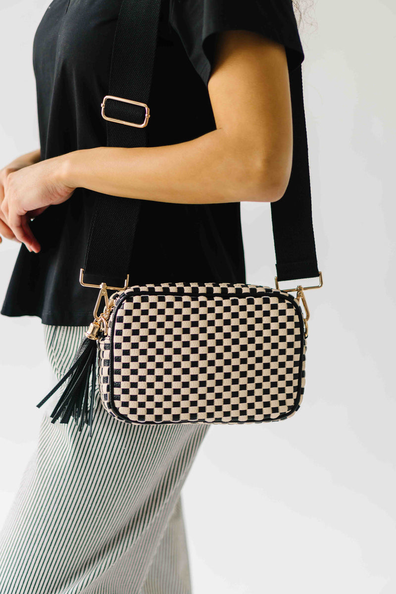 The Woven Willow Camera Crossbody Bag in Checkered Black