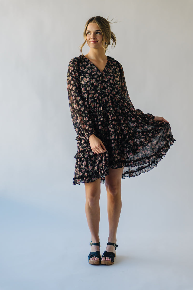 The Vinston Ruffle Dress in Black Floral