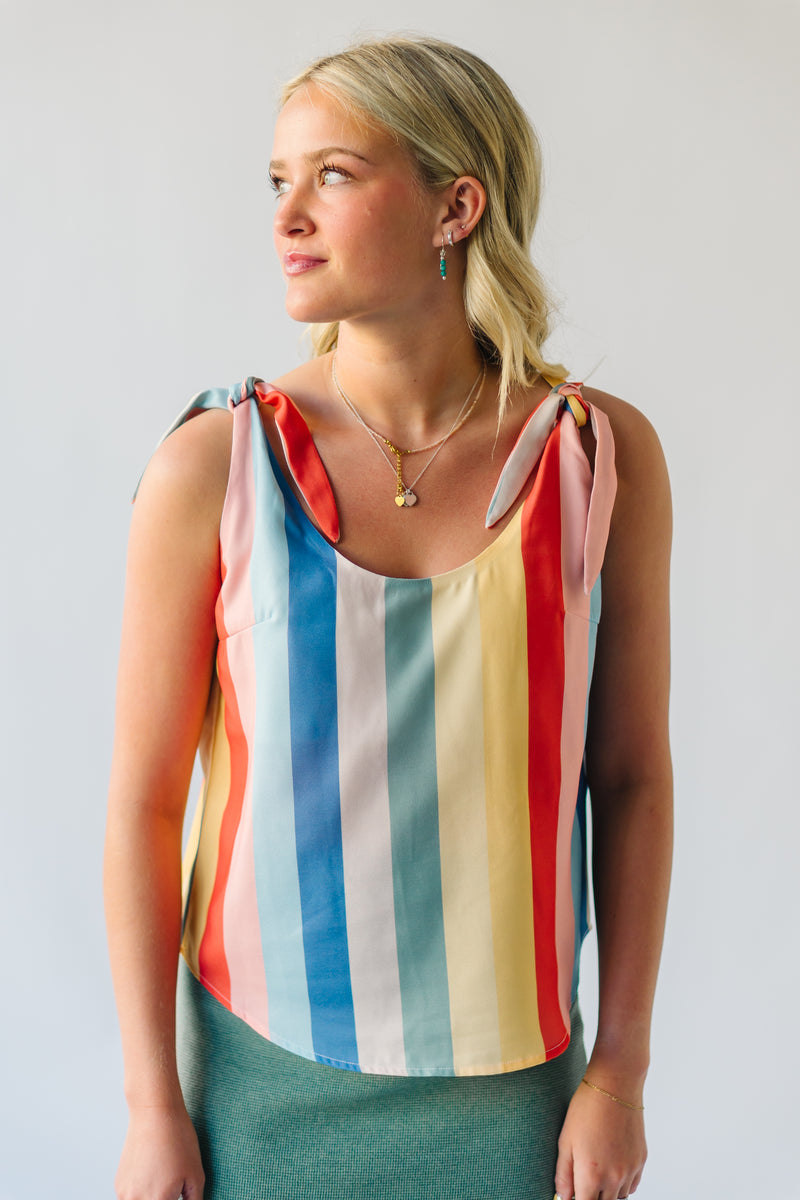 The Chrissy Shoulder Tie Tank in Multi Stripe