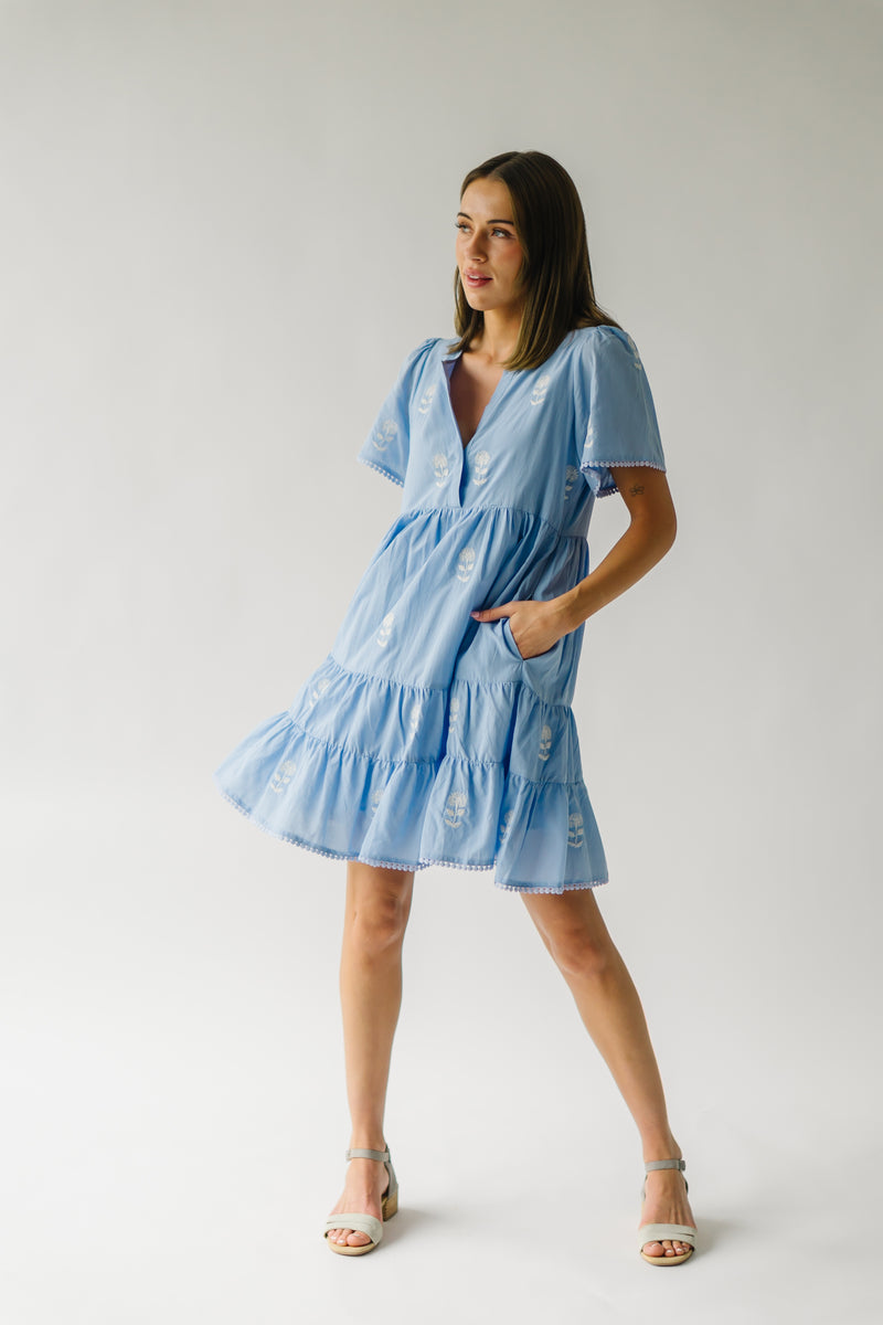 The Escue V-Neck Embroidered Dress in Cornflower Blue