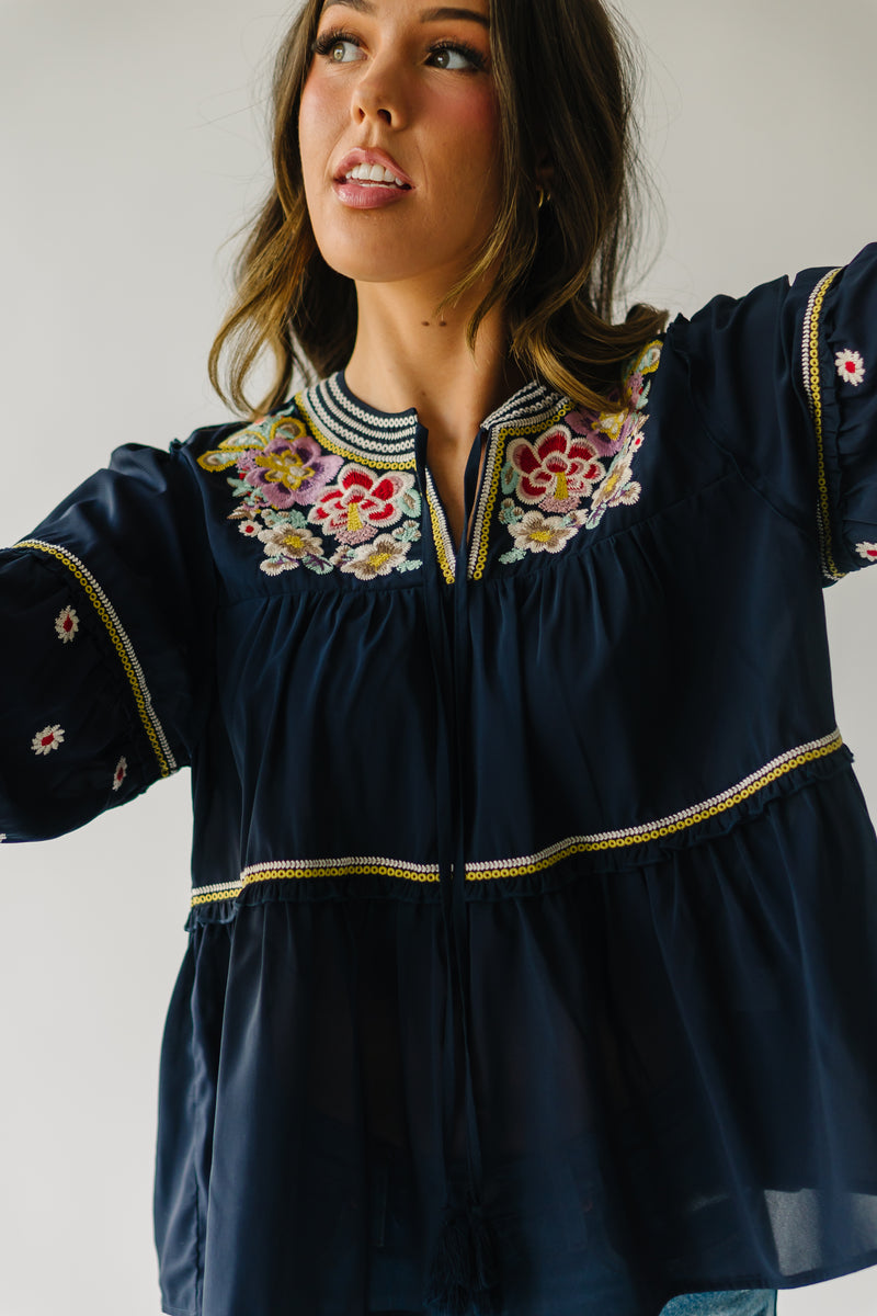 The Fairmount Embroidered Blouse in Navy