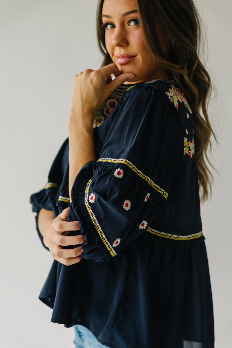 The Fairmount Embroidered Blouse in Navy