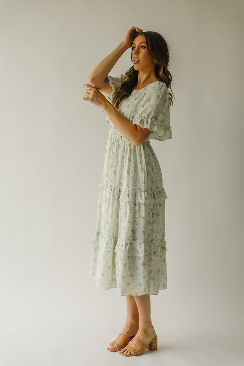 The Glenville Ruffle Detail Midi Dress in Ivory + Sage