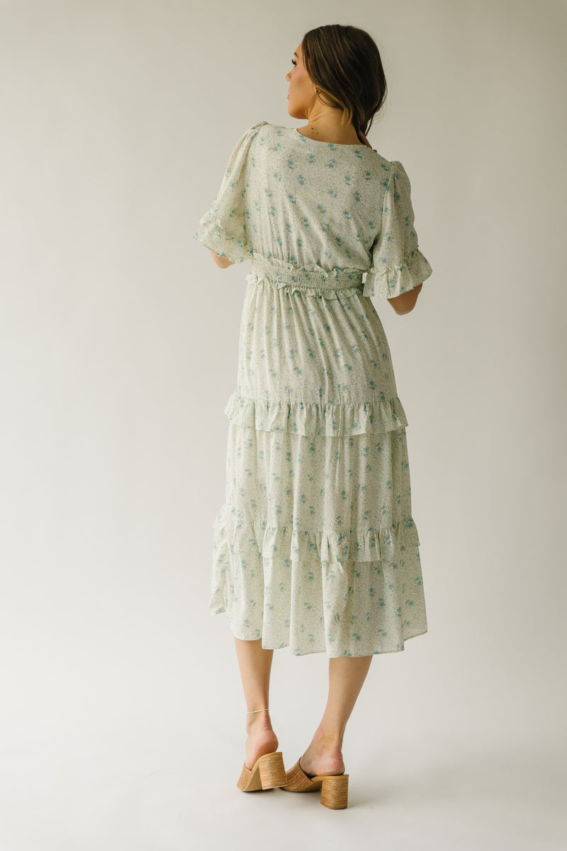The Glenville Ruffle Detail Midi Dress in Ivory + Sage