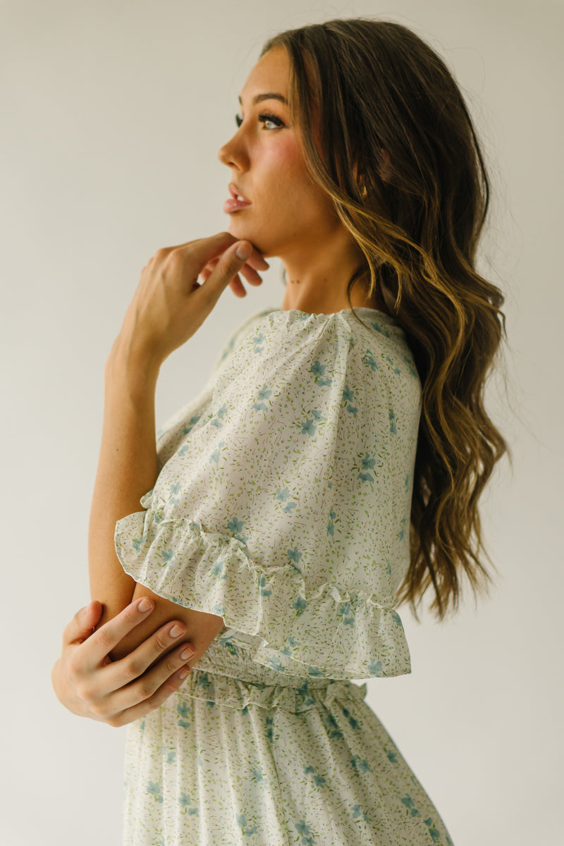 The Glenville Ruffle Detail Midi Dress in Ivory + Sage