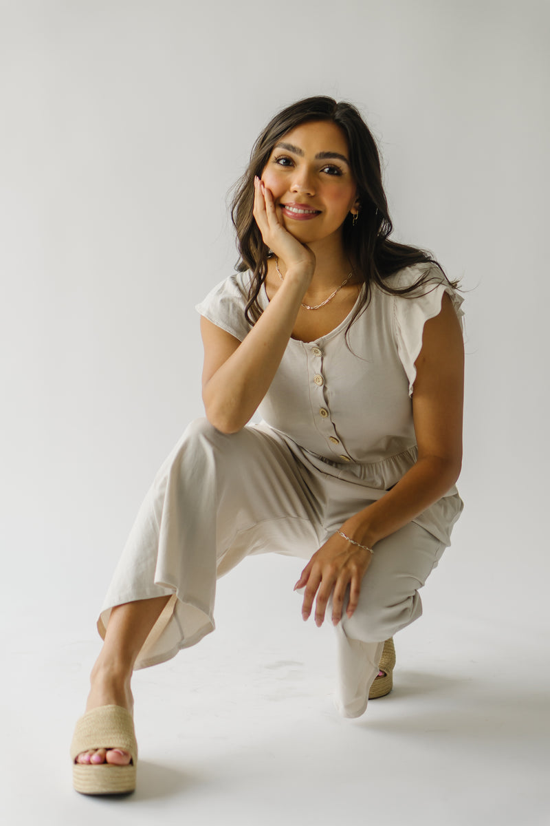 The Dunbar Ruffle Sleeve Jumpsuit in Oatmeal