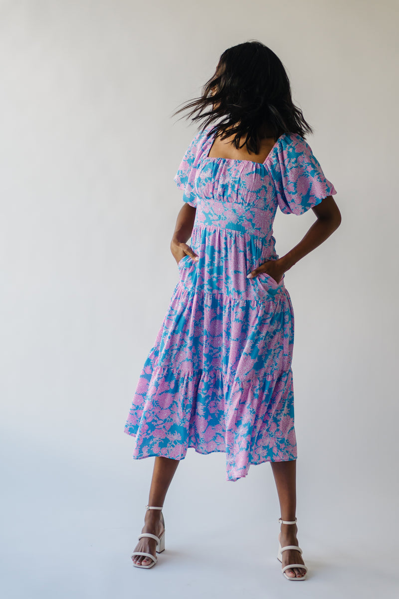 The Rosenthal Puff Sleeve Midi Dress in Blue Floral