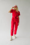 The Fleming Tie Denim Jumpsuit in Red