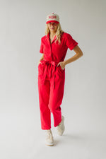 The Fleming Tie Denim Jumpsuit in Red