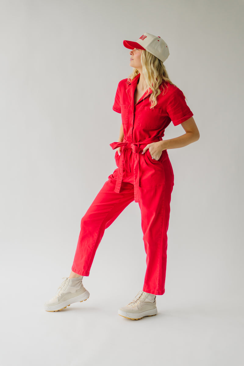 The Fleming Tie Denim Jumpsuit in Red