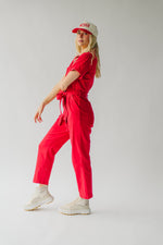 The Fleming Tie Denim Jumpsuit in Red