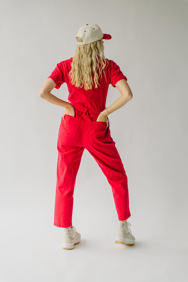 The Fleming Tie Denim Jumpsuit in Red