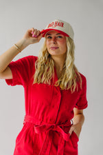 The Fleming Tie Denim Jumpsuit in Red