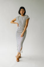 The Servaia Knot Detail Midi Dress in White + Navy Stripe