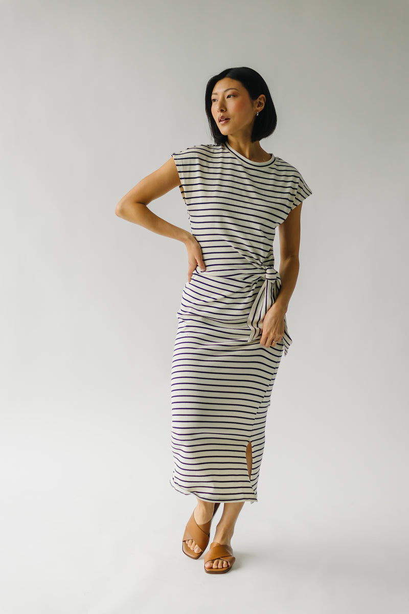 The Servaia Knot Detail Midi Dress in White + Navy Stripe