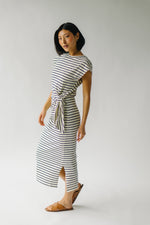 The Servaia Knot Detail Midi Dress in White + Navy Stripe