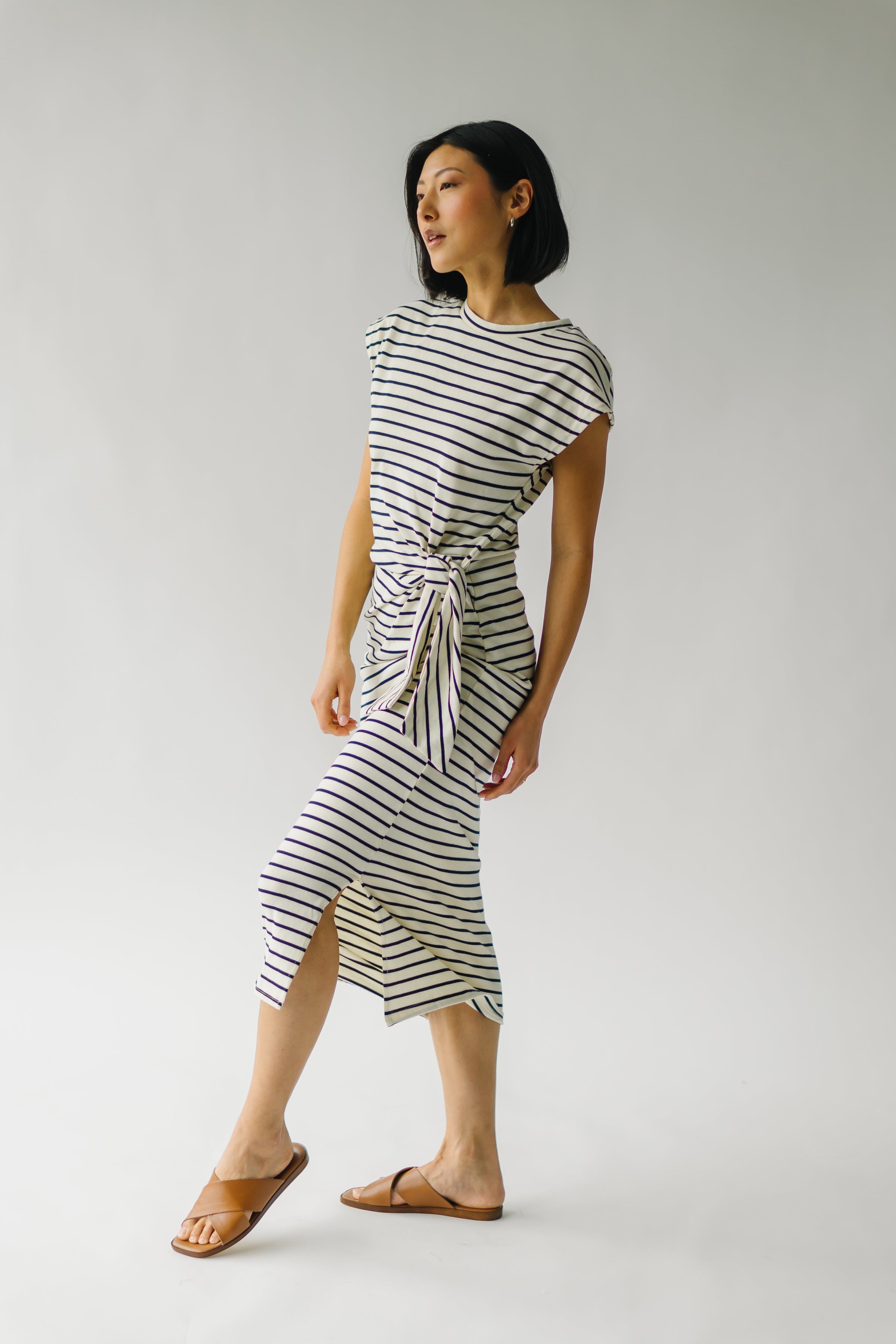 The Servaia Knot Detail Midi Dress in White + Navy Stripe – Piper 