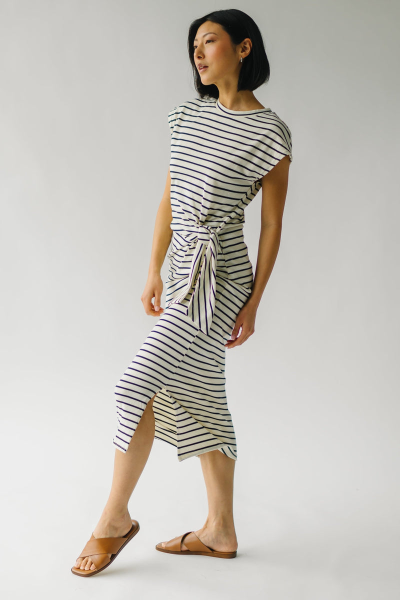 The Servaia Knot Detail Midi Dress in White + Navy Stripe