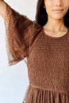 The Mazie Smocked Bodice Midi Dress in Brown