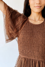 The Mazie Smocked Bodice Midi Dress in Brown