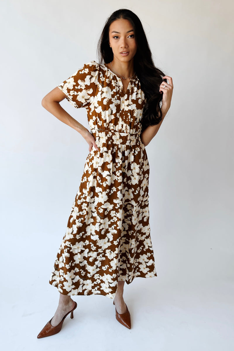 The Nicolette Floral Tiered Midi Dress in Brown Multi
