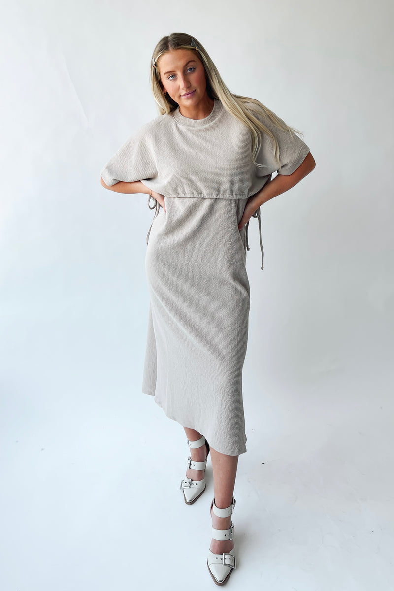 The Andra Tie Detail Midi Dress in Taupe
