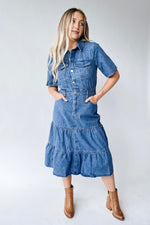 The Devoto Tiered Midi Dress in Washed Denim