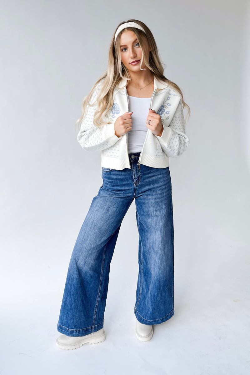 The Anita Rose Knit Jacket in Cream + Blue