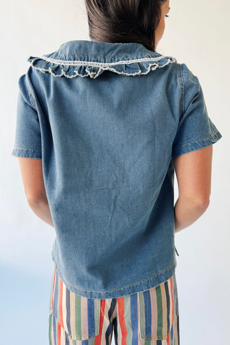 The Marasol Ruffle Collared Blouse in Denim