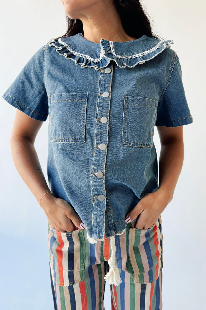 The Marasol Ruffle Collared Blouse in Denim