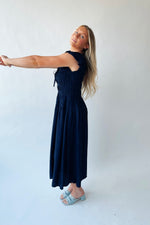 The Malta Shirred Bodice Midi Dress in Navy