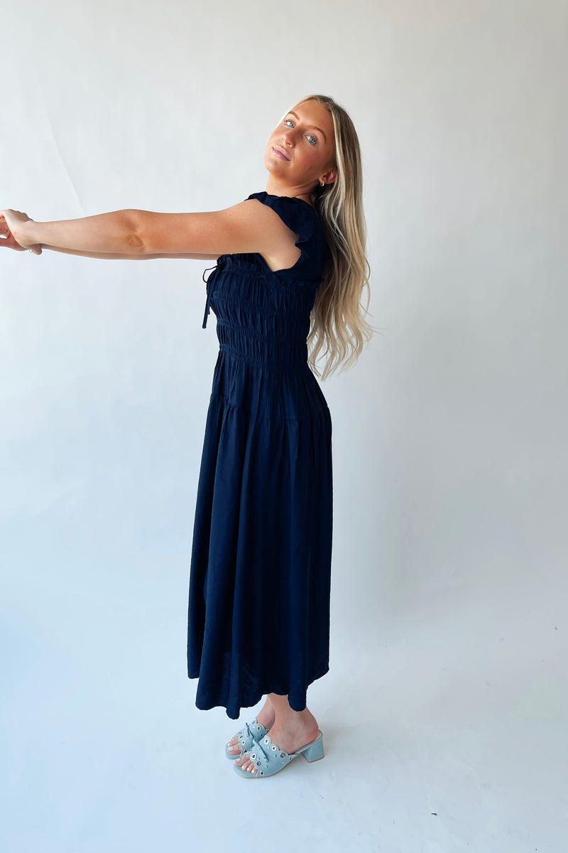 The Malta Shirred Bodice Midi Dress in Navy