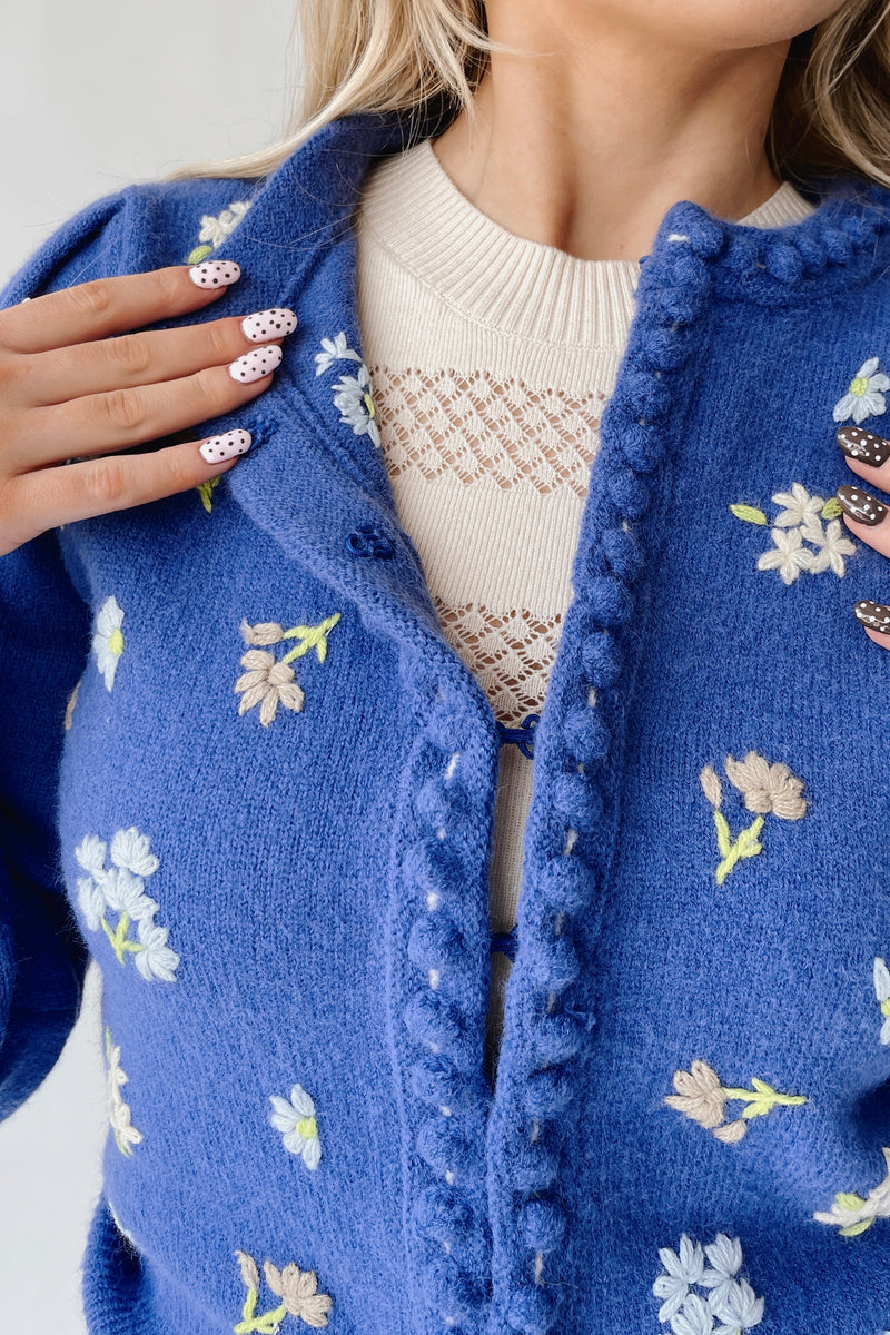 The Conlan Floral Embroidered Cardigan in Blue