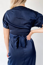 The Kyrie Satin Dolman Sleeve Midi Dress in Navy