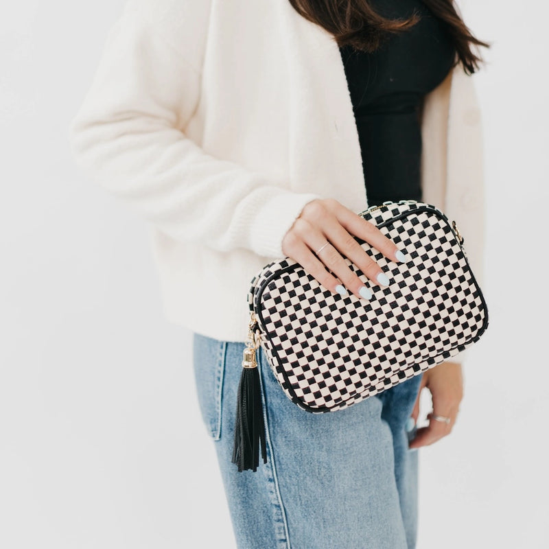 The Woven Willow Camera Crossbody Bag in Checkered Black