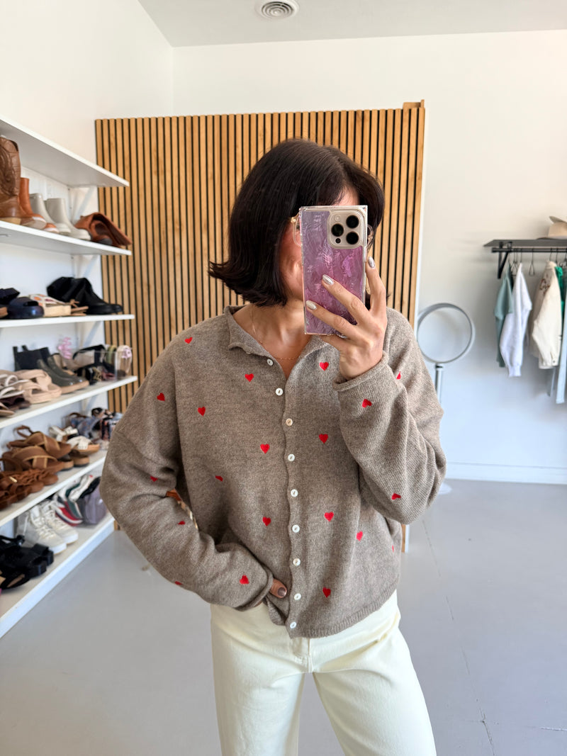 The Riggs Heart Embroidered Button-Down Sweater in Mocha + Red