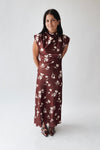 The Kendi Satin Mock Neck Maxi Dress in Brick