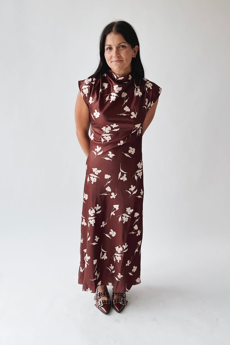 The Kendi Satin Mock Neck Maxi Dress in Brick