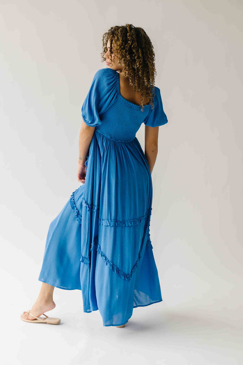 The Munson Intricate Ruffle Maxi Dress in Blue