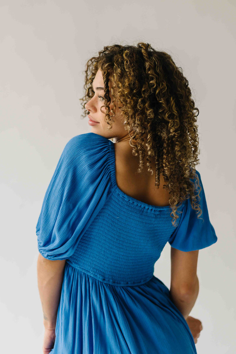 The Munson Intricate Ruffle Maxi Dress in Blue