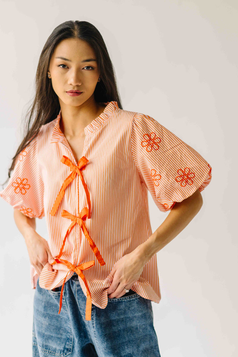 The Jandi Tie Front Blouse in Orange Stripe
